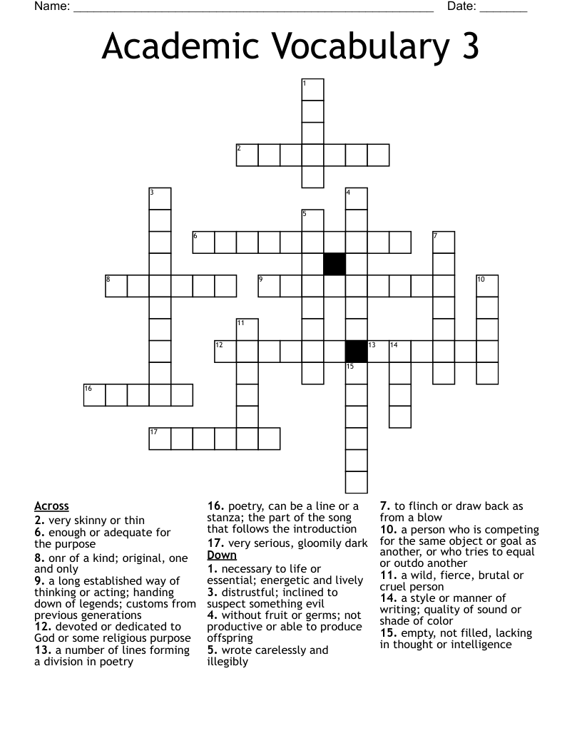 Academic Vocabulary 3 Crossword