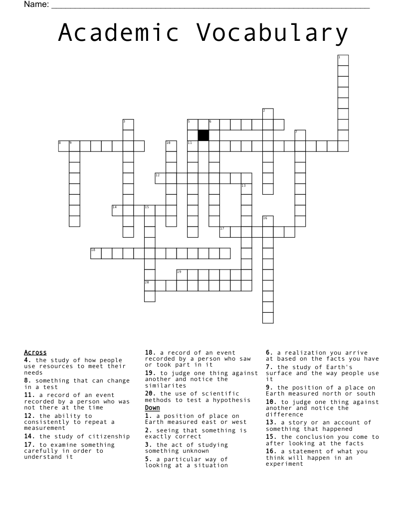 Academic Vocabulary Crossword