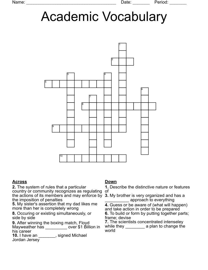 Academic Vocabulary Crossword