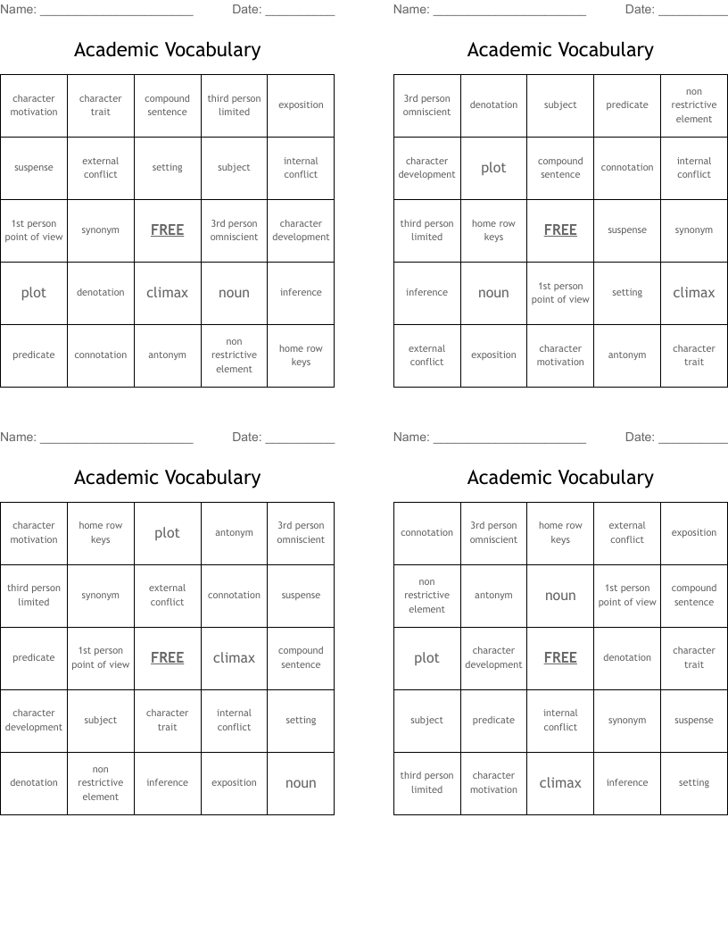 Academic Vocabulary Bingo Cards