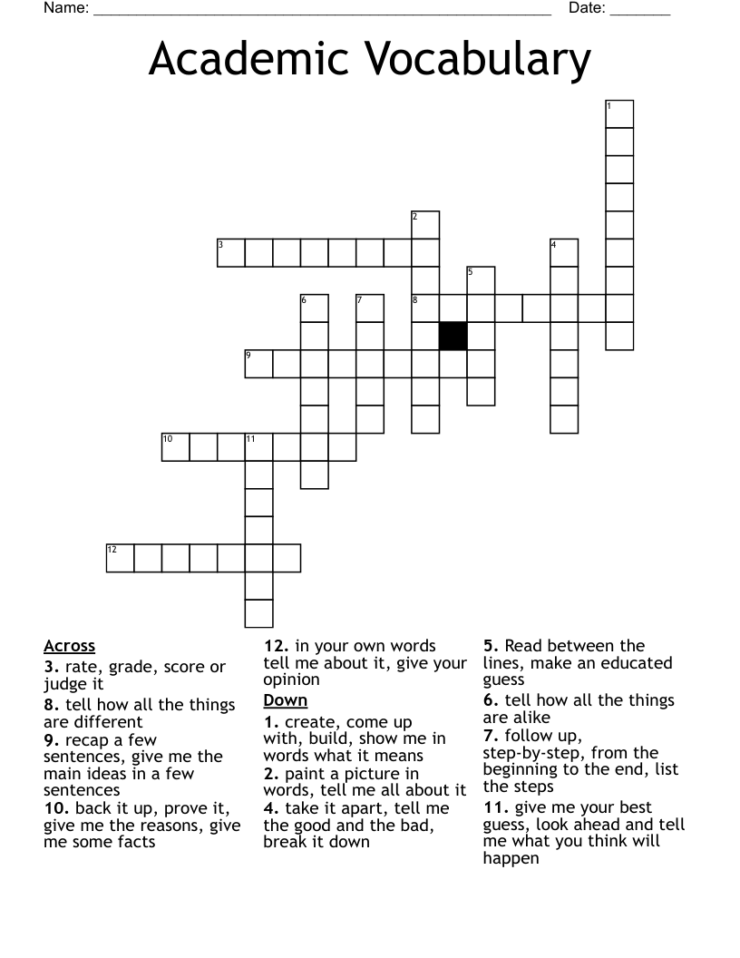 Academic Vocabulary Crossword
