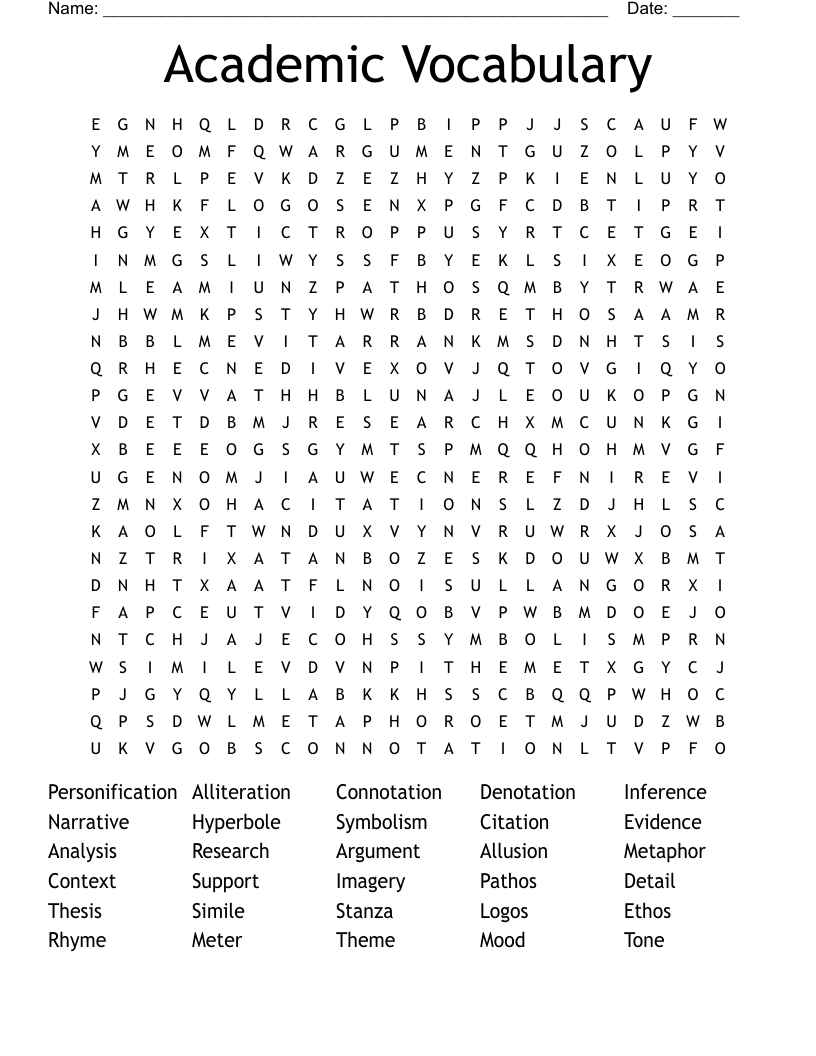Academic Vocabulary Word Search
