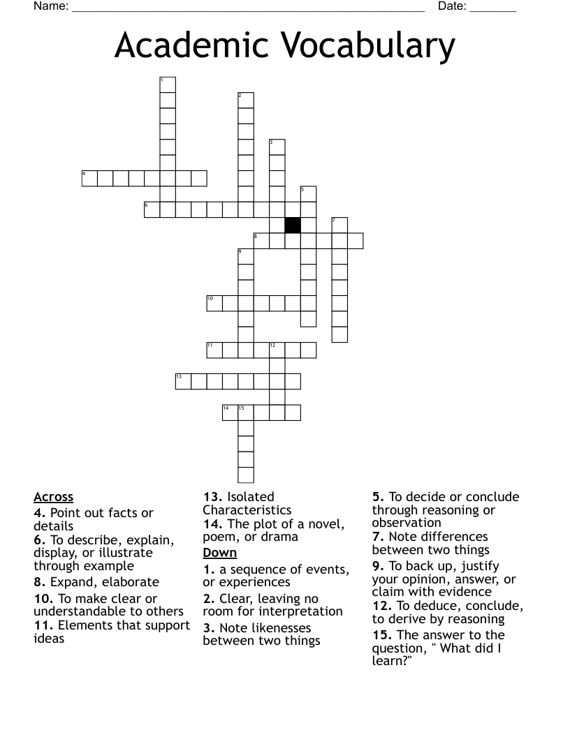 Academic Vocabulary Crossword