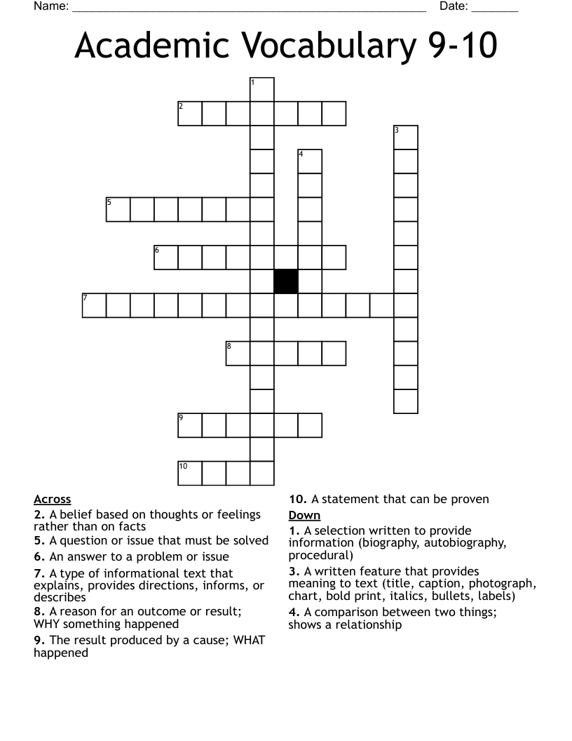 Academic Vocabulary 9-10 Crossword