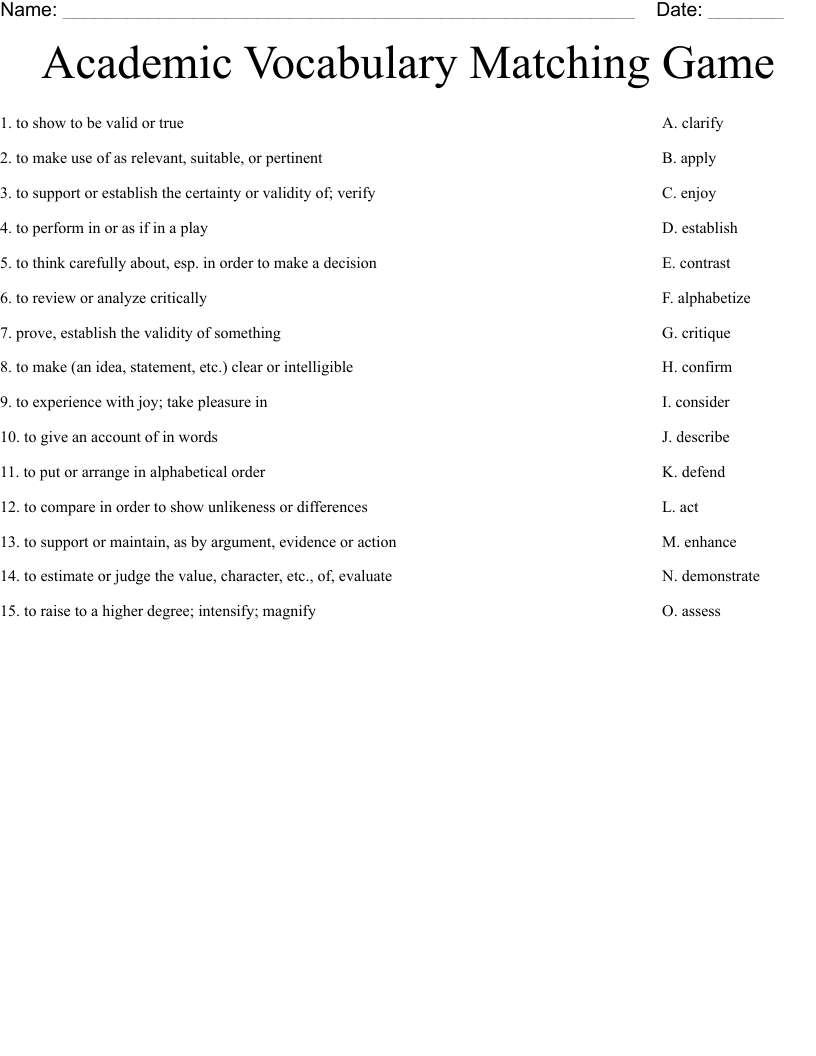 Academic Vocabulary Matching Game Worksheet