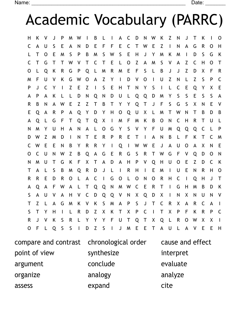 Academic Vocabulary (PARRC) Word Search