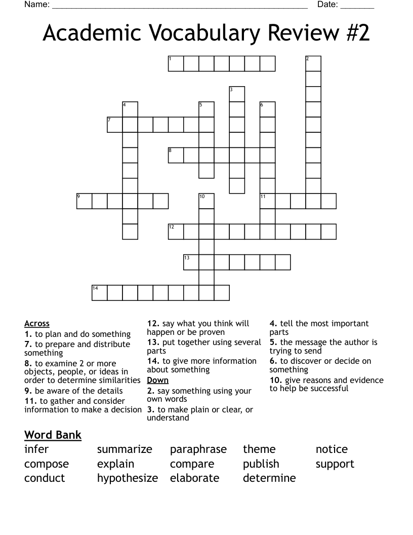 Academic Vocabulary Review #2 Crossword