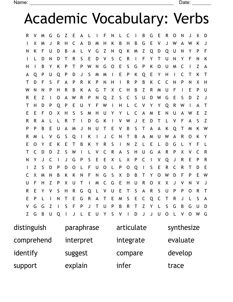 Academic Vocabulary: Verbs Word Search