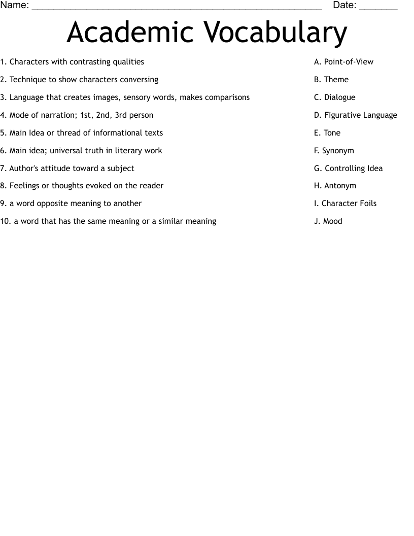 Academic Vocabulary  Worksheet