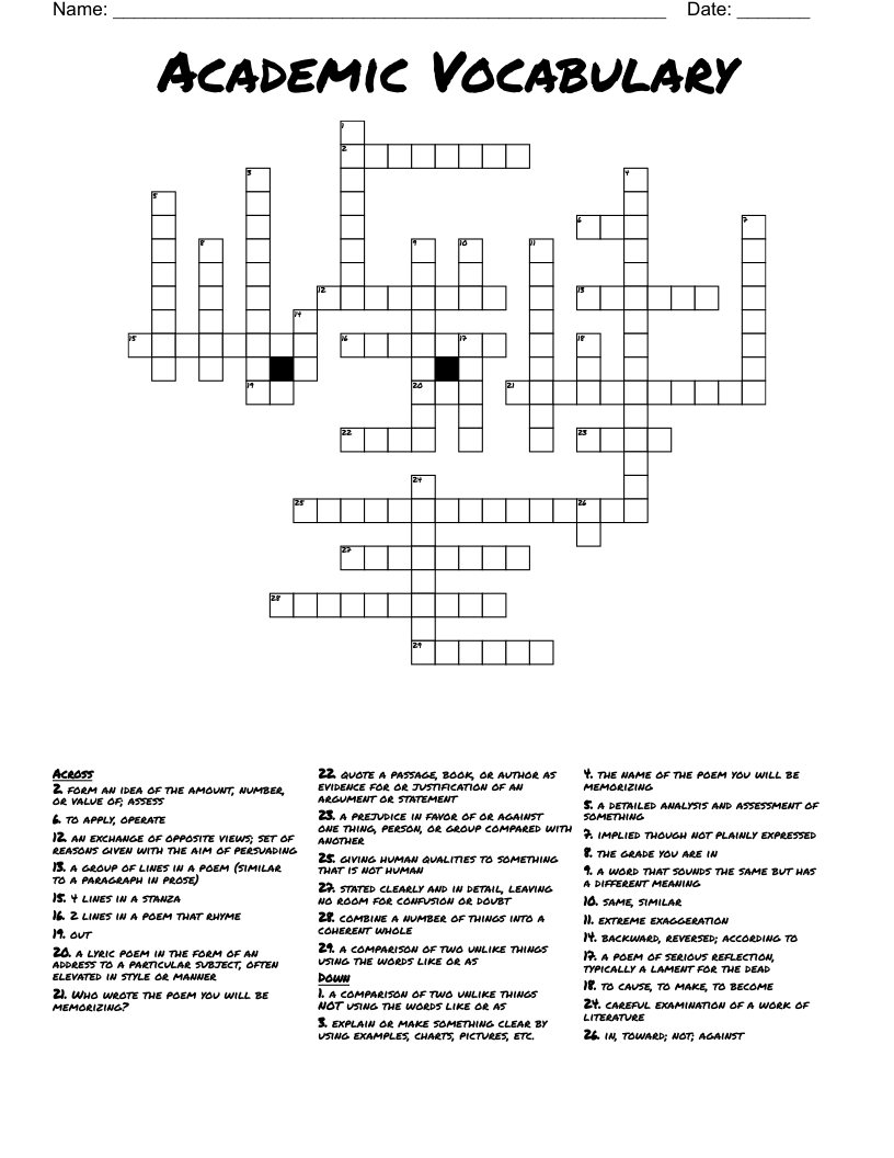 Academic Vocabulary  Crossword