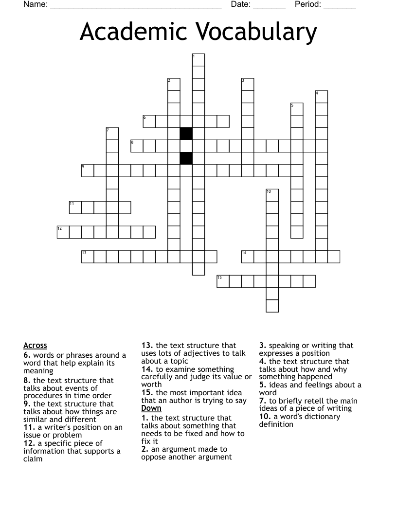 Academic Vocabulary  Crossword