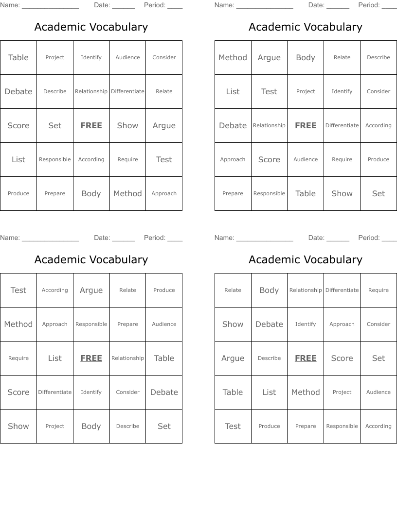 Academic Vocabulary  Bingo Cards