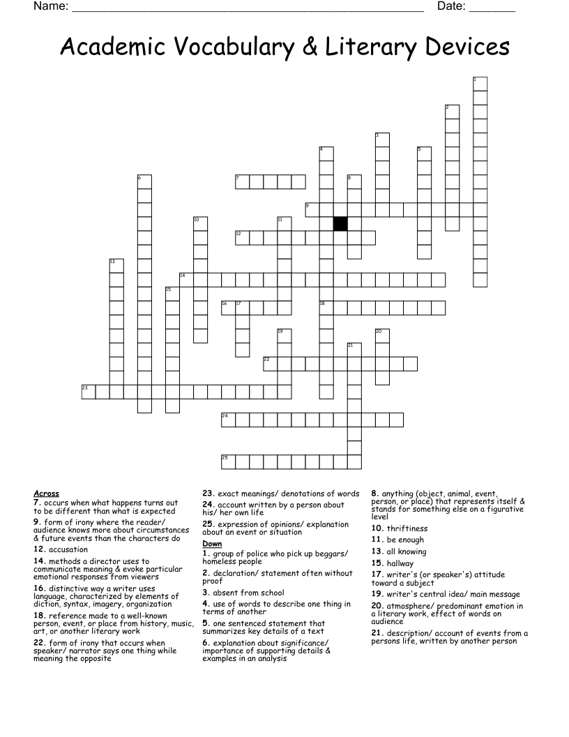 Academic Vocabulary & Literary Devices Crossword