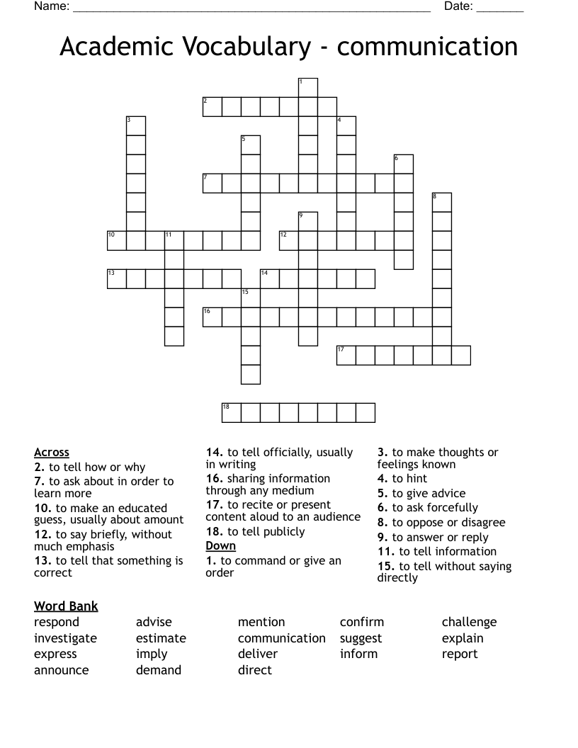 Academic Vocabulary - communication Crossword