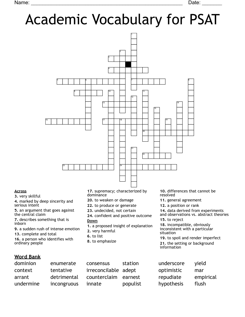 Academic Vocabulary for PSAT Crossword