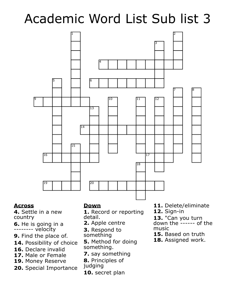 Academic Word List Sub list 3 Crossword