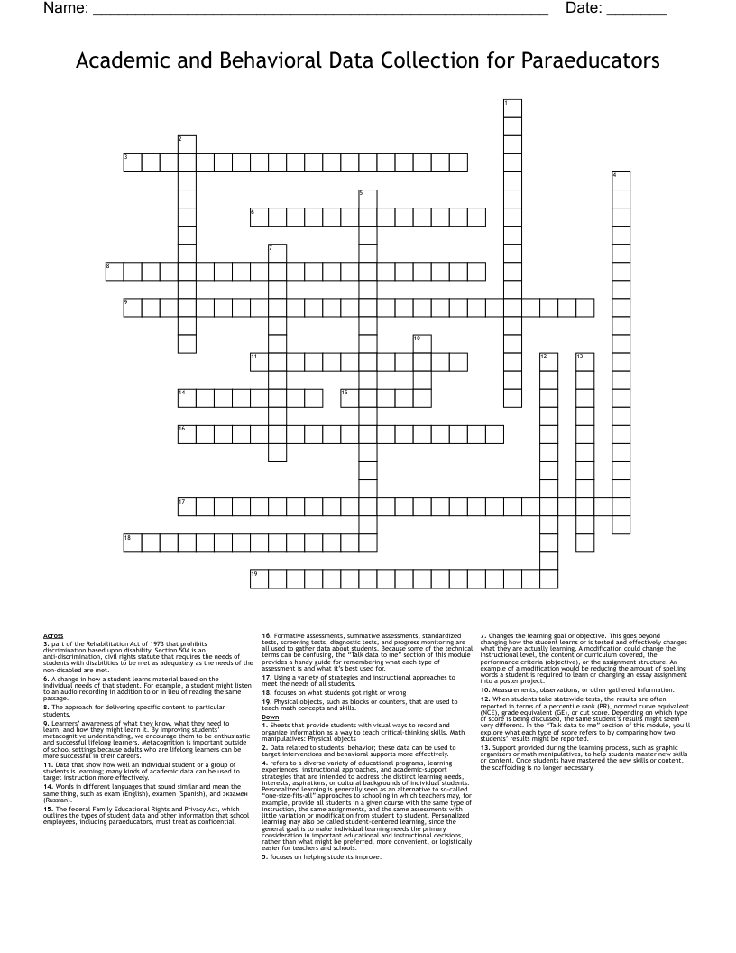 Academic and Behavioral Data Collection for Paraeducators Crossword