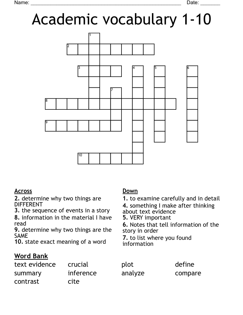 Academic vocabulary 1-10 Crossword