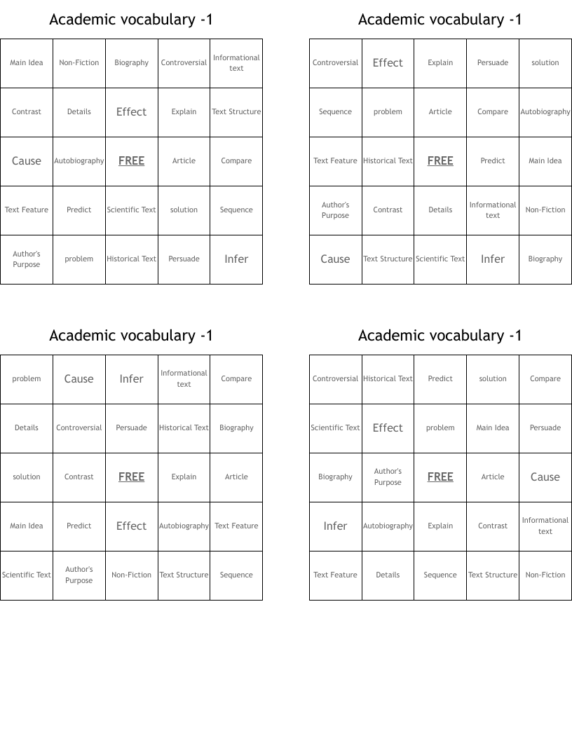 Academic vocabulary -1 Bingo Cards