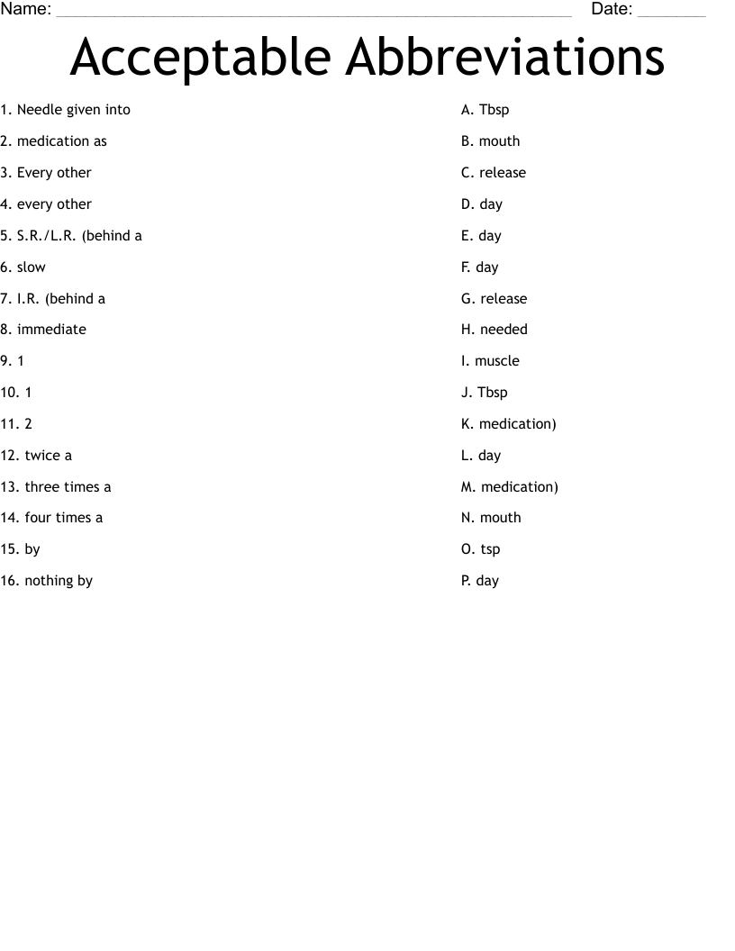 Acceptable Abbreviations Worksheet