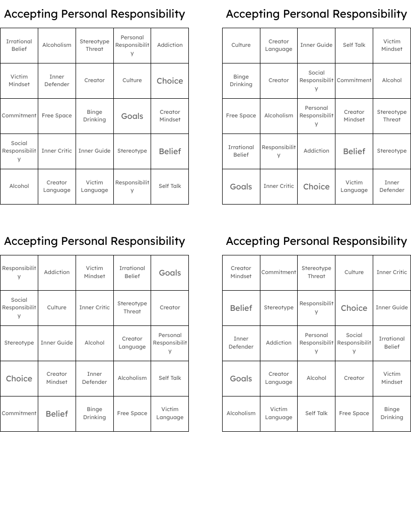 Accepting Personal Responsibility Bingo Cards