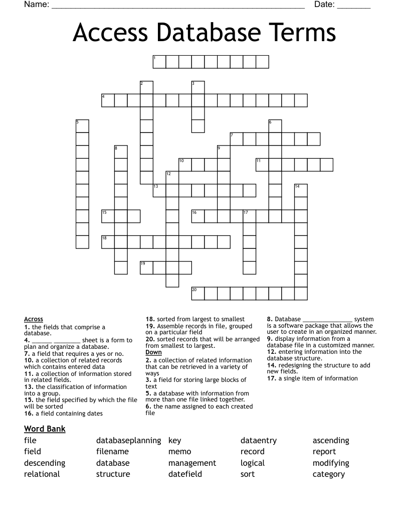 Access Database Terms Crossword