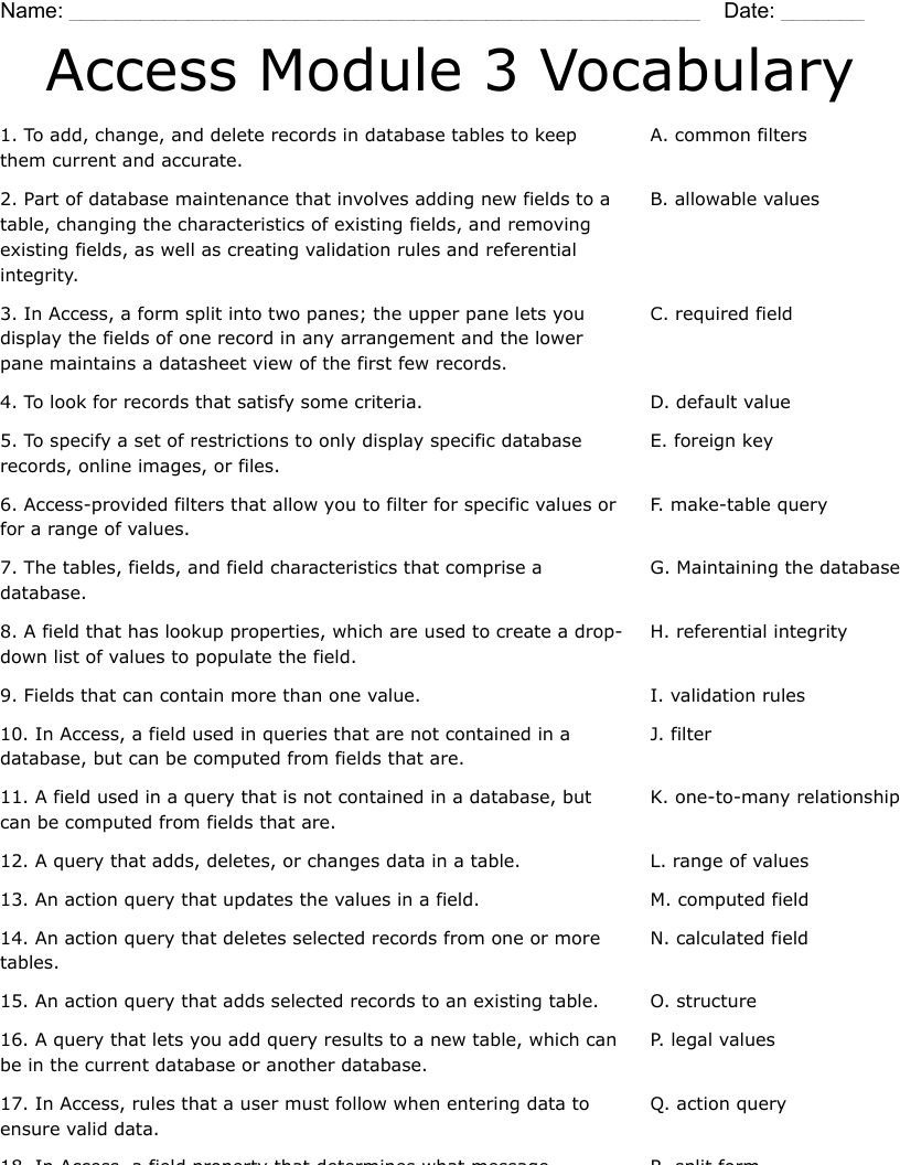 Access Module 3 Vocabulary Worksheet
