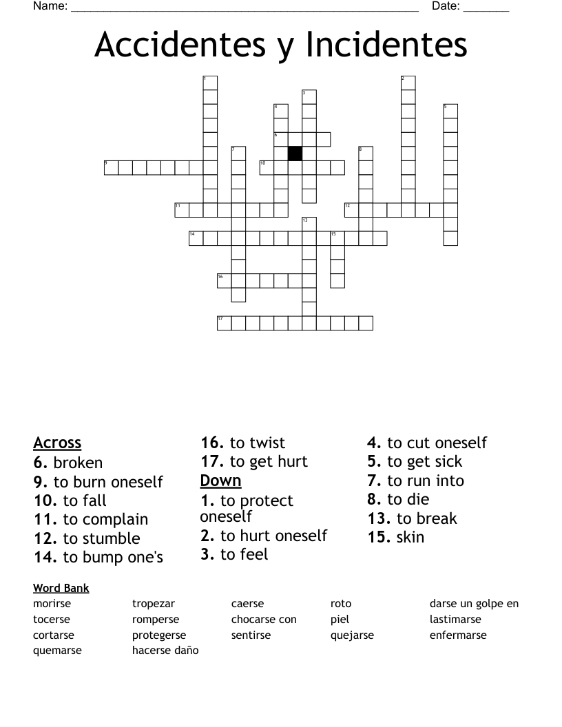 Accidentes y Incidentes Crossword