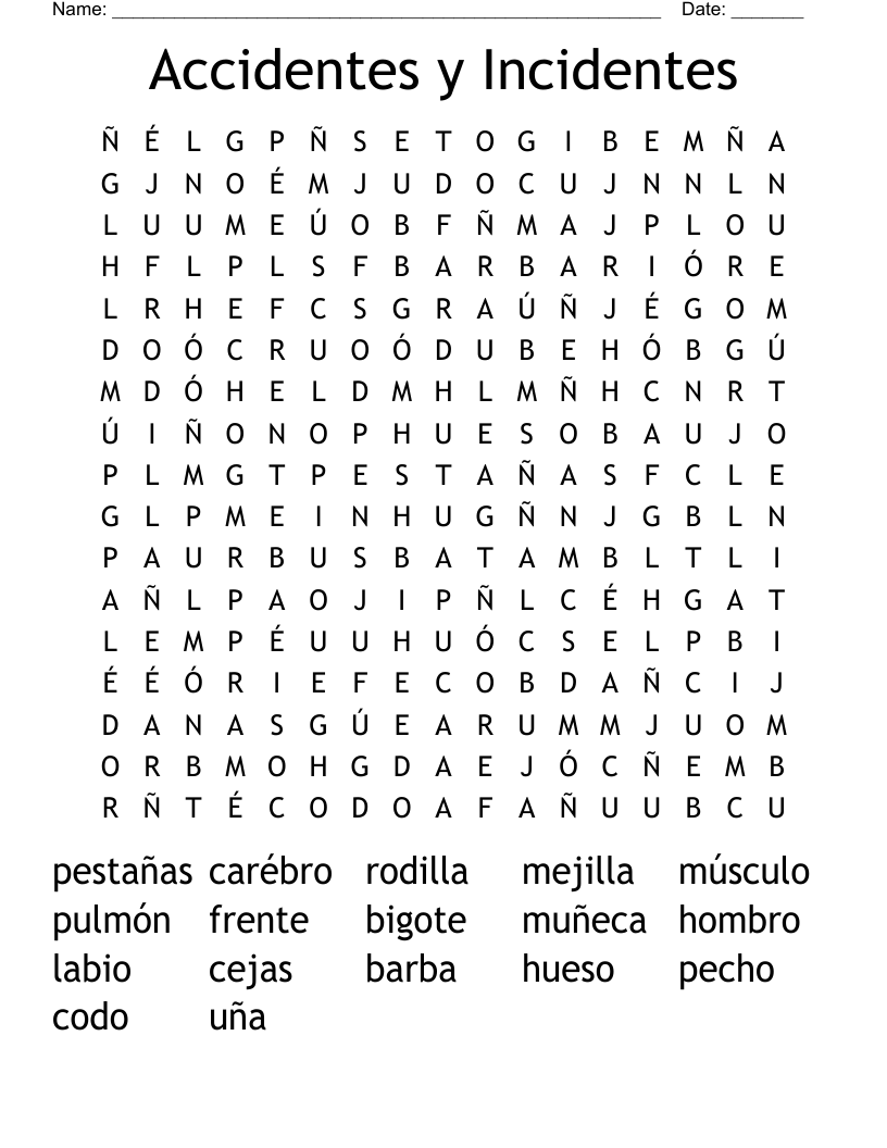 Accidentes y Incidentes  Word Search