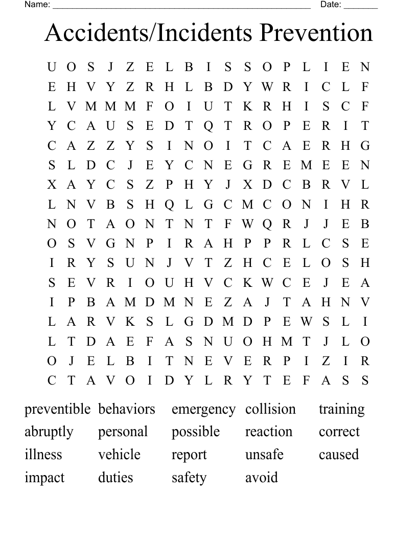 Accidents/Incidents Prevention Word Search