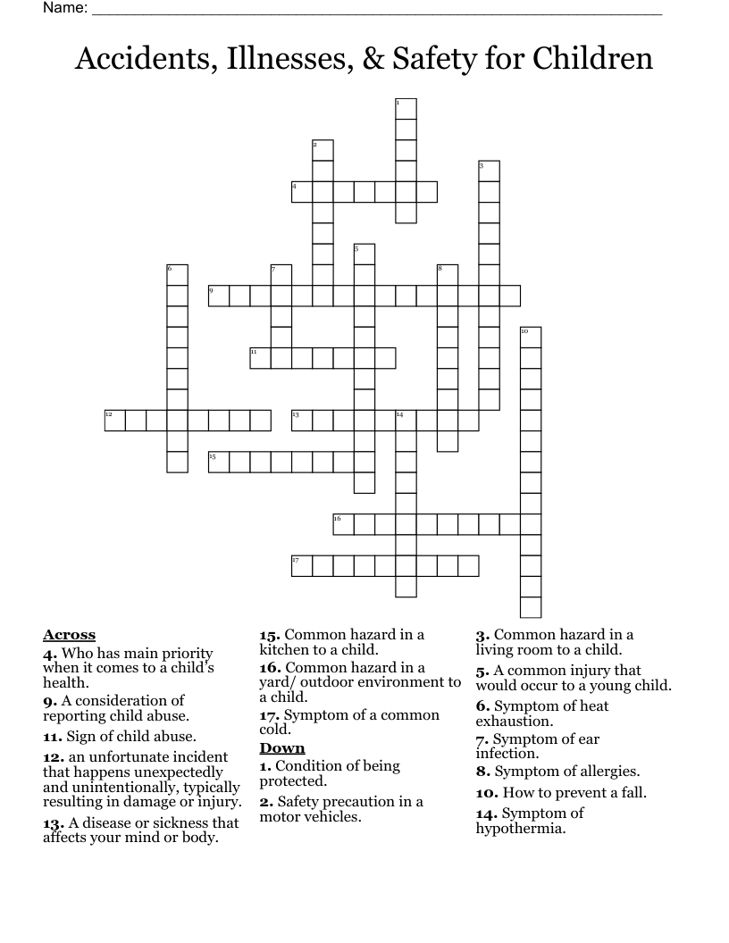 Accidents, Illnesses, & Safety for Children Crossword