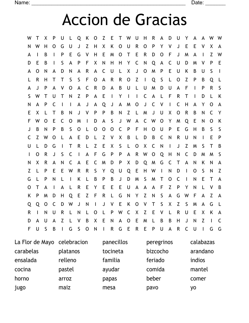 Accion de Gracias Word Search