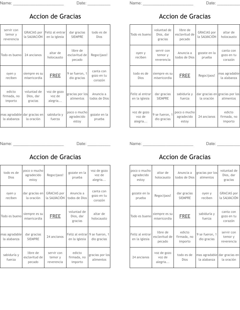 Accion de Gracias  Bingo Cards