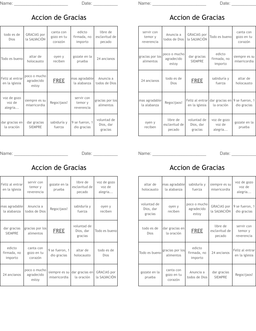 Accion de Gracias  Bingo Cards