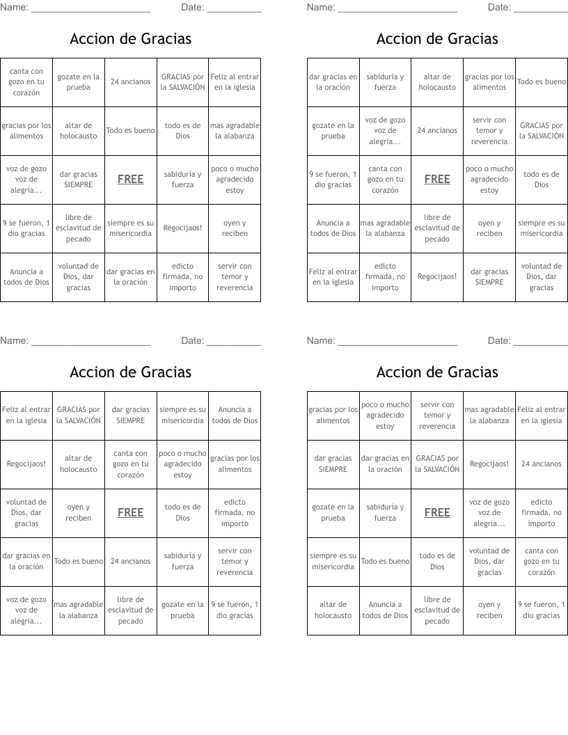 Accion de Gracias  Bingo Cards