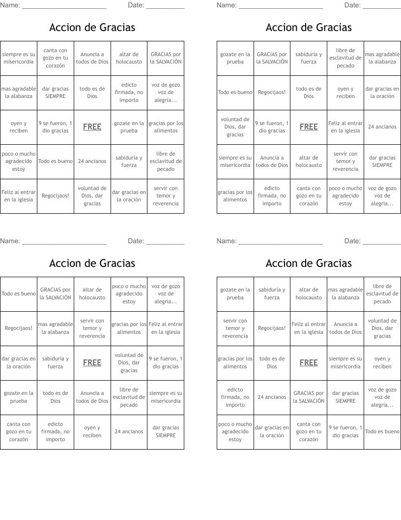 Accion de Gracias  Bingo Cards