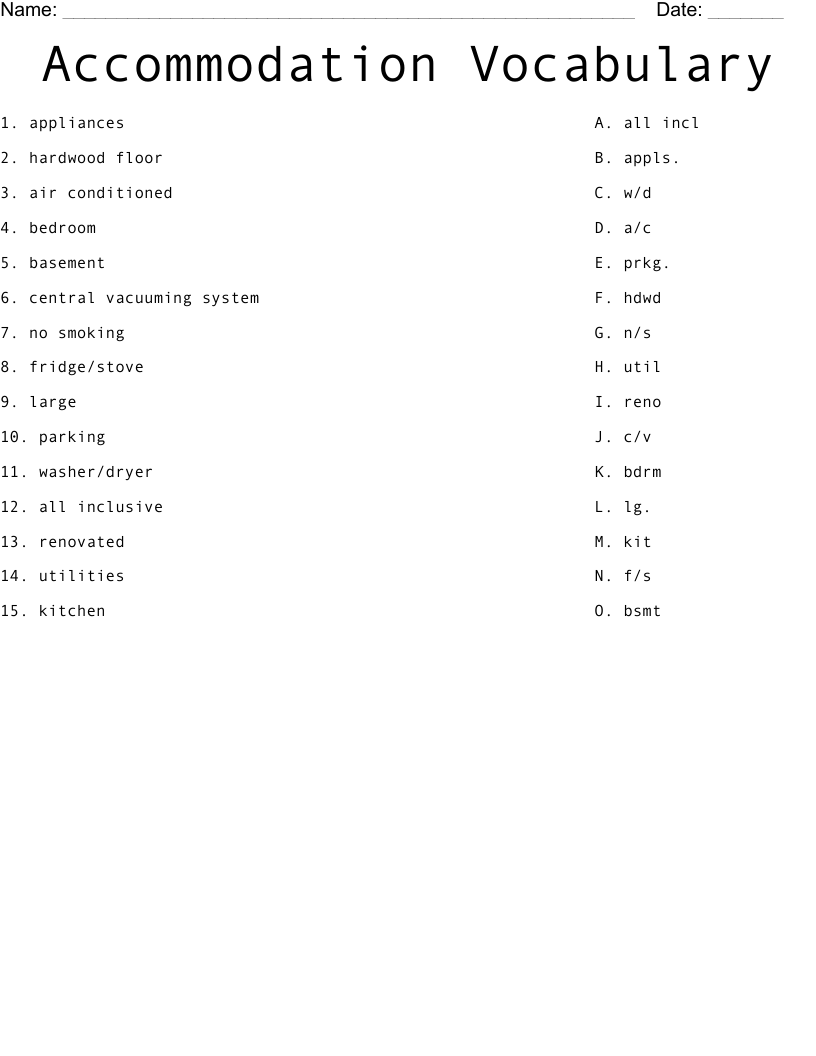 Accommodation Vocabulary Worksheet