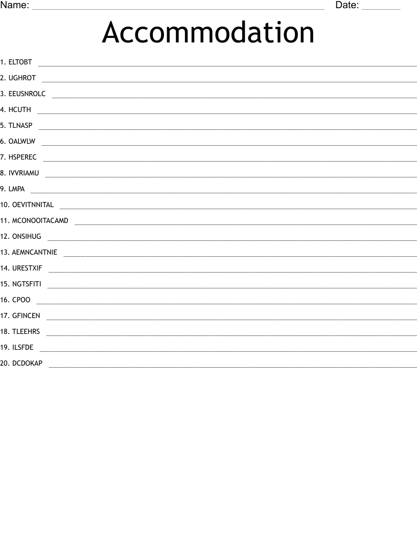Accommodation  Word Scramble