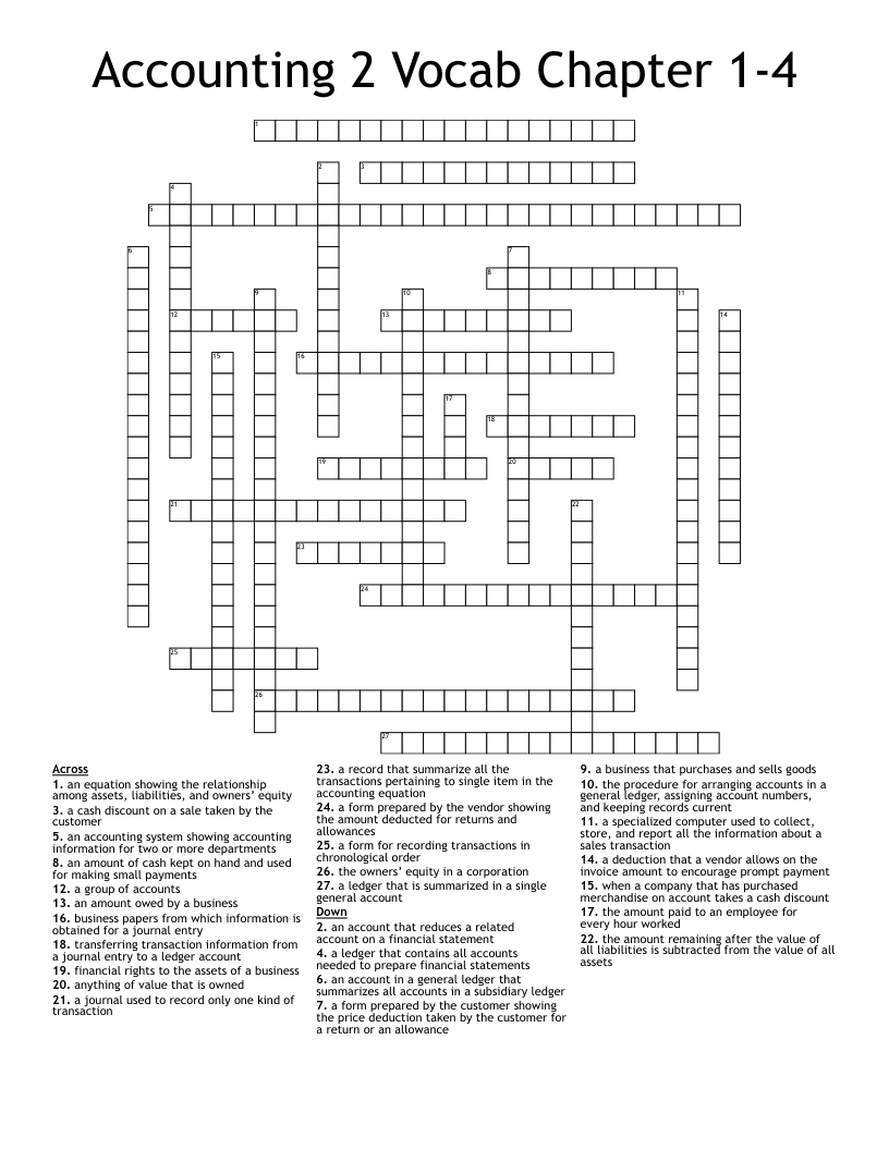 Accounting 2 Vocab Chapter 1-4 Crossword