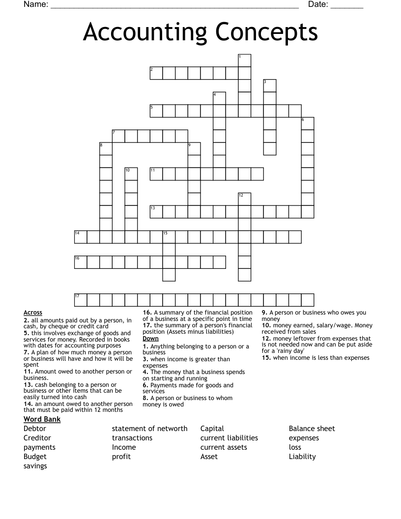 Accounting Concepts Crossword