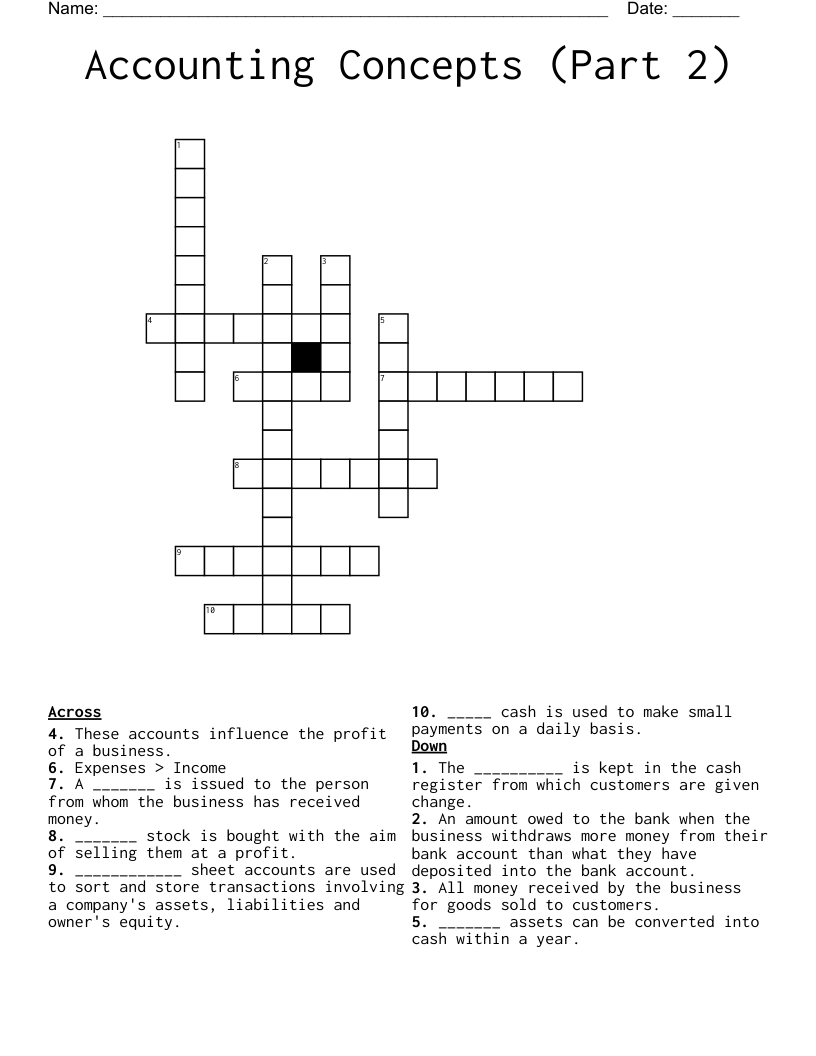 Accounting Concepts (Part 2) Crossword
