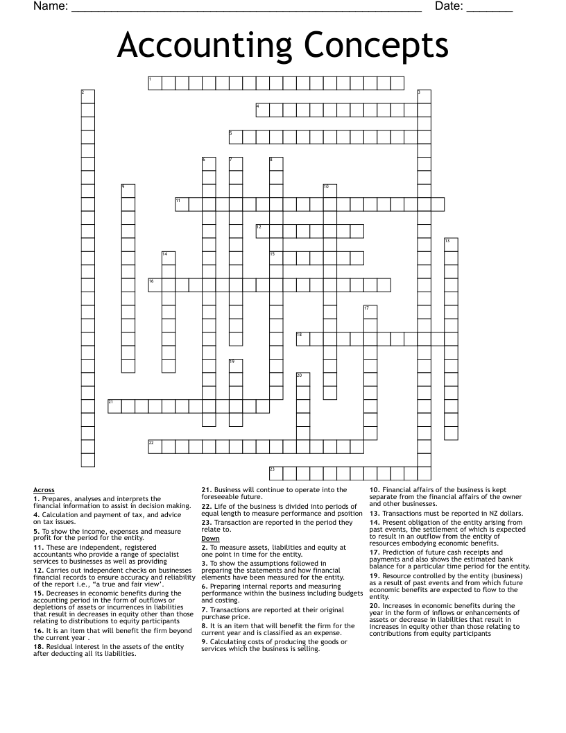 Accounting Concepts Crossword
