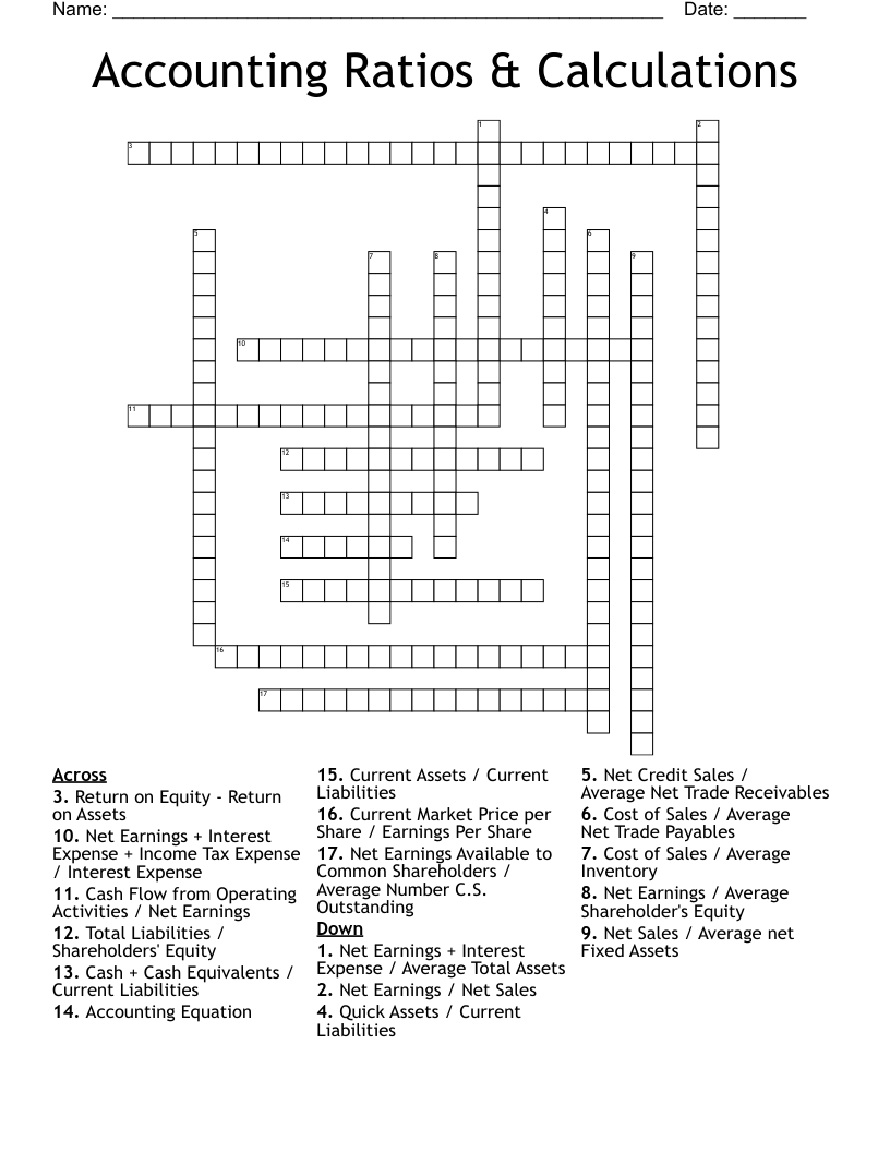 Accounting Ratios & Calculations Crossword