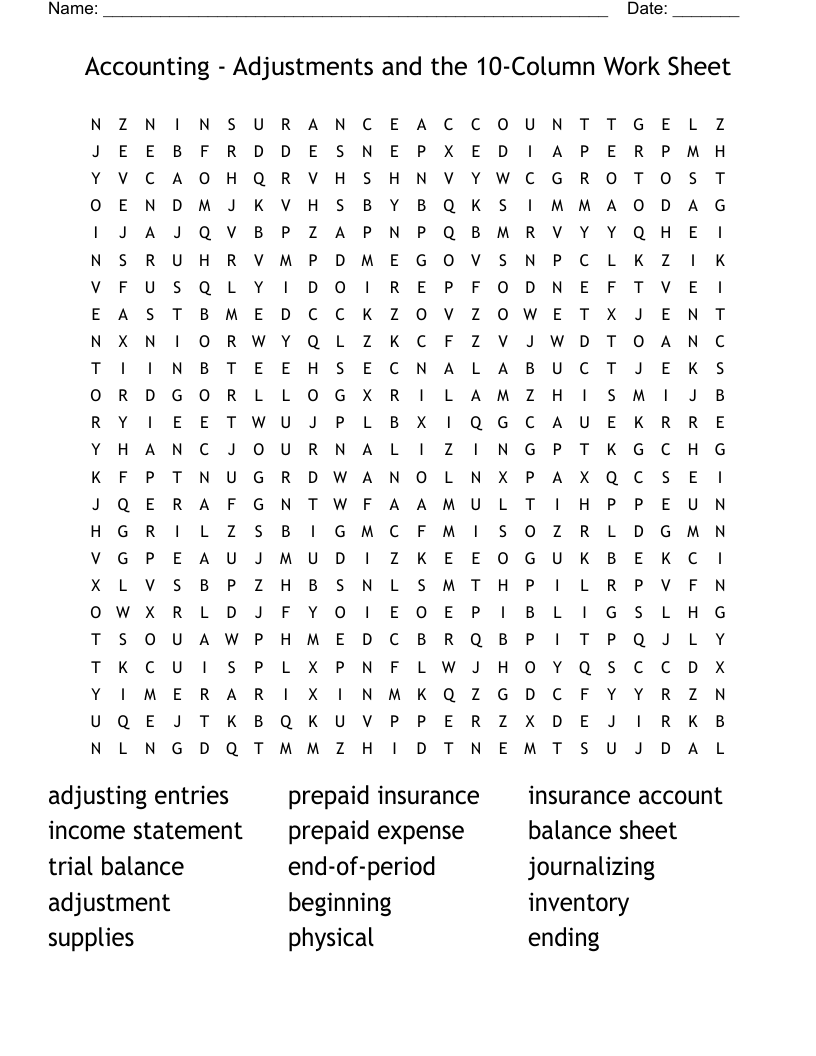 Accounting - Adjustments and the 10-Column Work Sheet Word Search