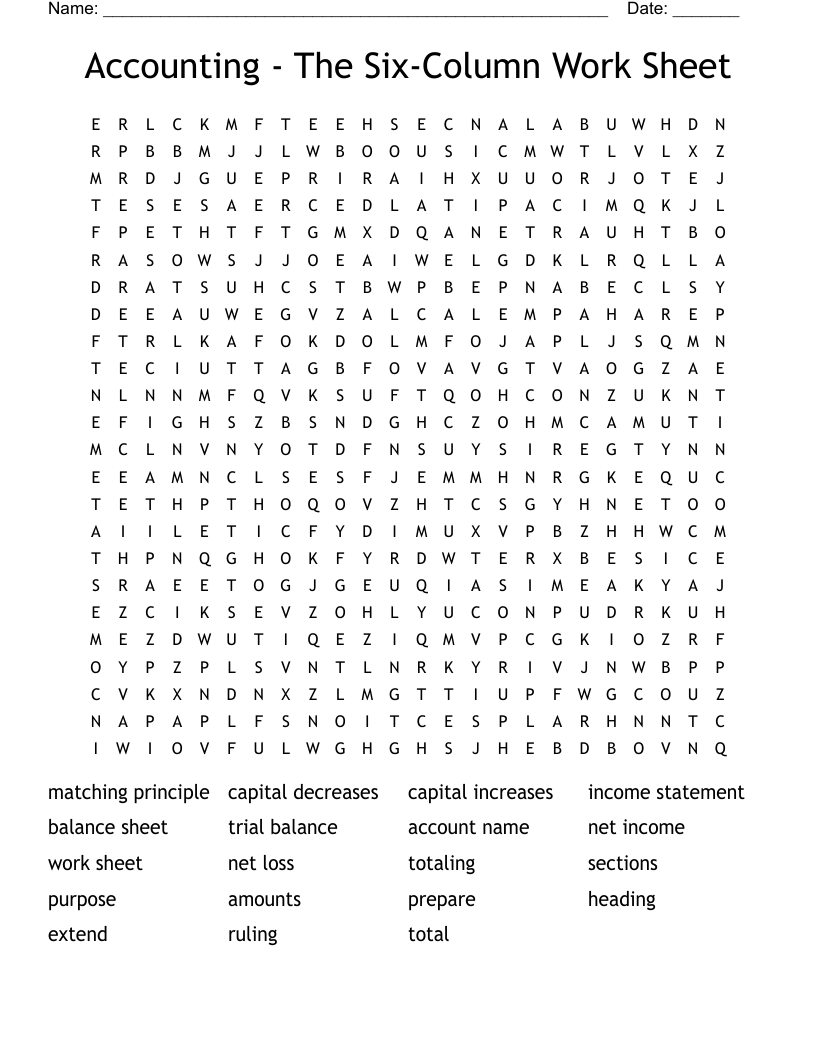 Accounting - The Six-Column Work Sheet Word Search