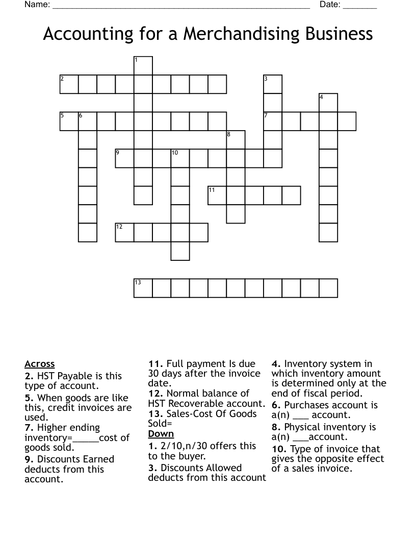 Accounting for a Merchandising Business Crossword