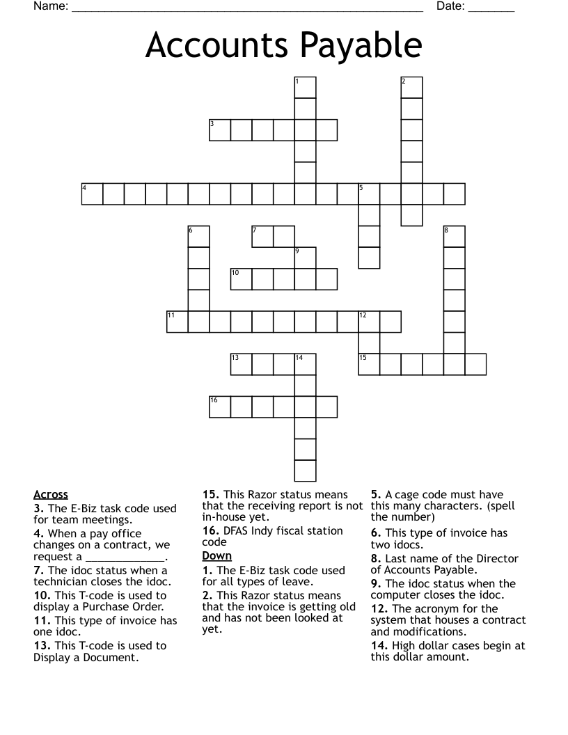 Accounts Payable Crossword