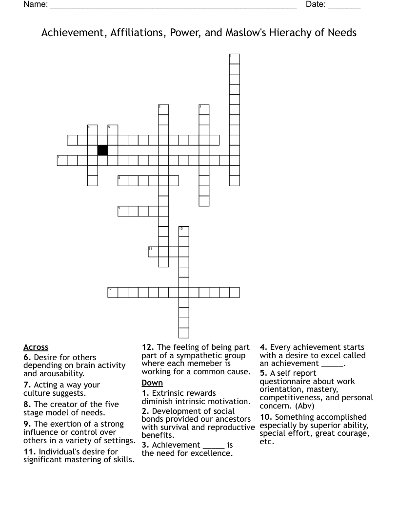 Achievement, Affiliations, Power, and Maslow's Hierachy of Needs Crossword