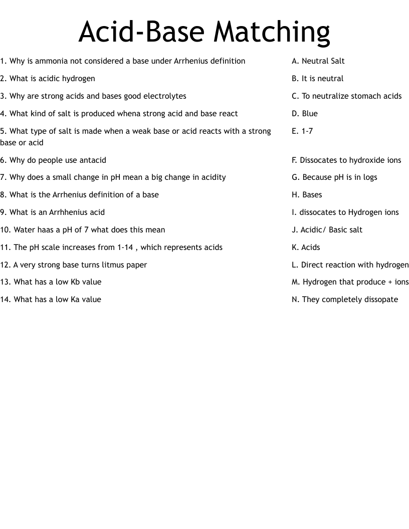 Acid-Base Matching Worksheet