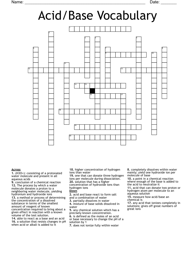 Acid/Base Vocabulary  Crossword